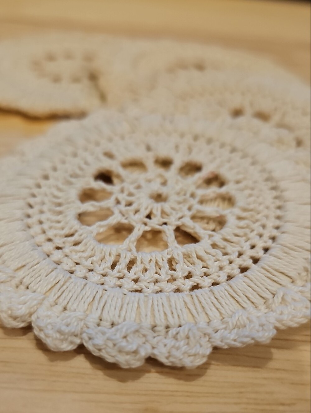 Set Of 4 Handmade Crochet Round Coasters - Cream
